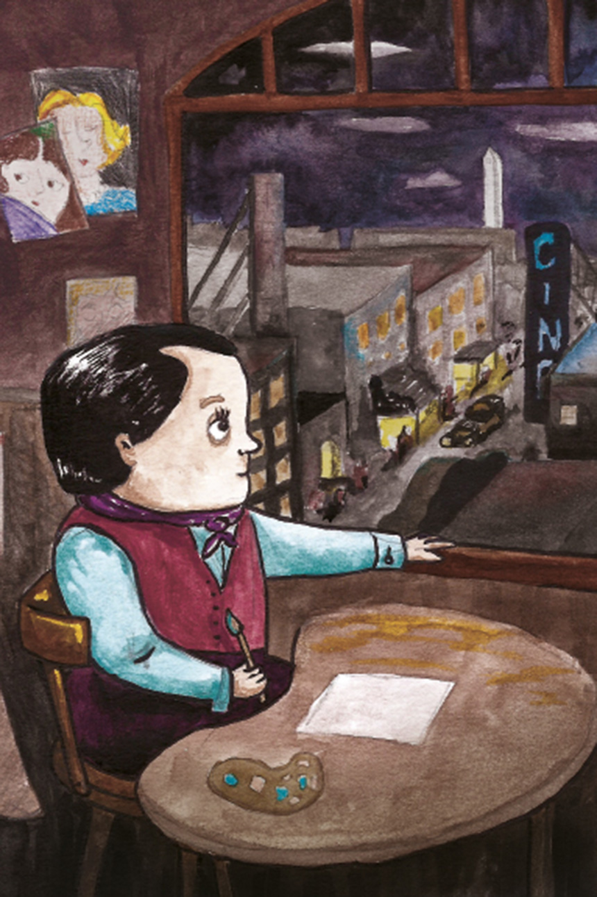 Ilustración en colores realizada a mano alzada, en la que un hombre se encuentra sentado en la mesa de su casa observando la ciudad a través de una ventana.