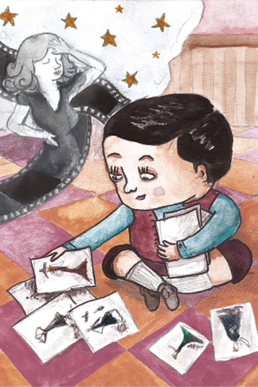 Ilustración en colores en la que un niño se encuentra sentado sobre el piso, jugando con papeles diferentes que muestran dibujos o bocetos de vestidos.