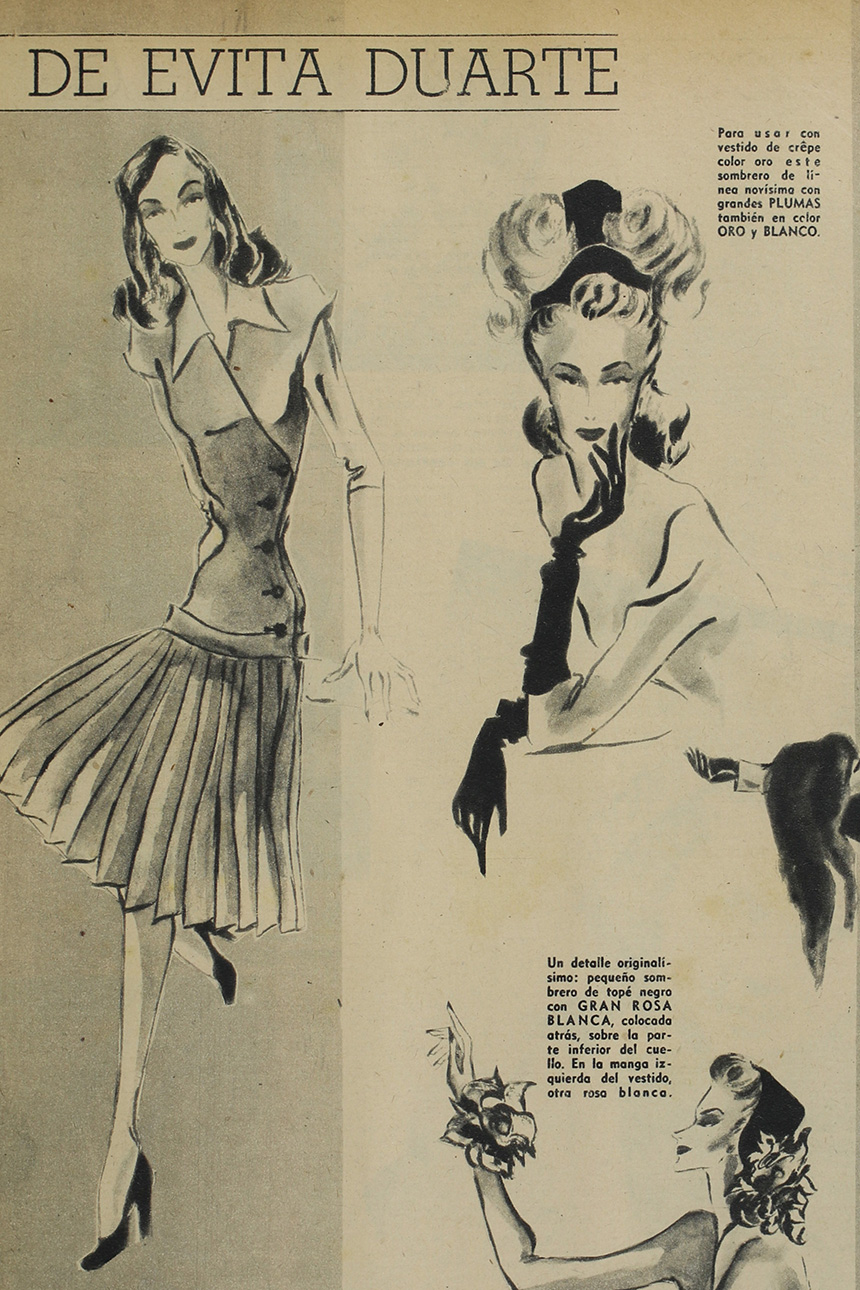 Puede observarse una página de la revista Mundo Argentino, de 1945. Tiene tres ilustraciones que muestran a tres mujeres, ubicadas debajo de un título referido a Eva Duarte. Forman parte de una falsa publicidad de aceite.