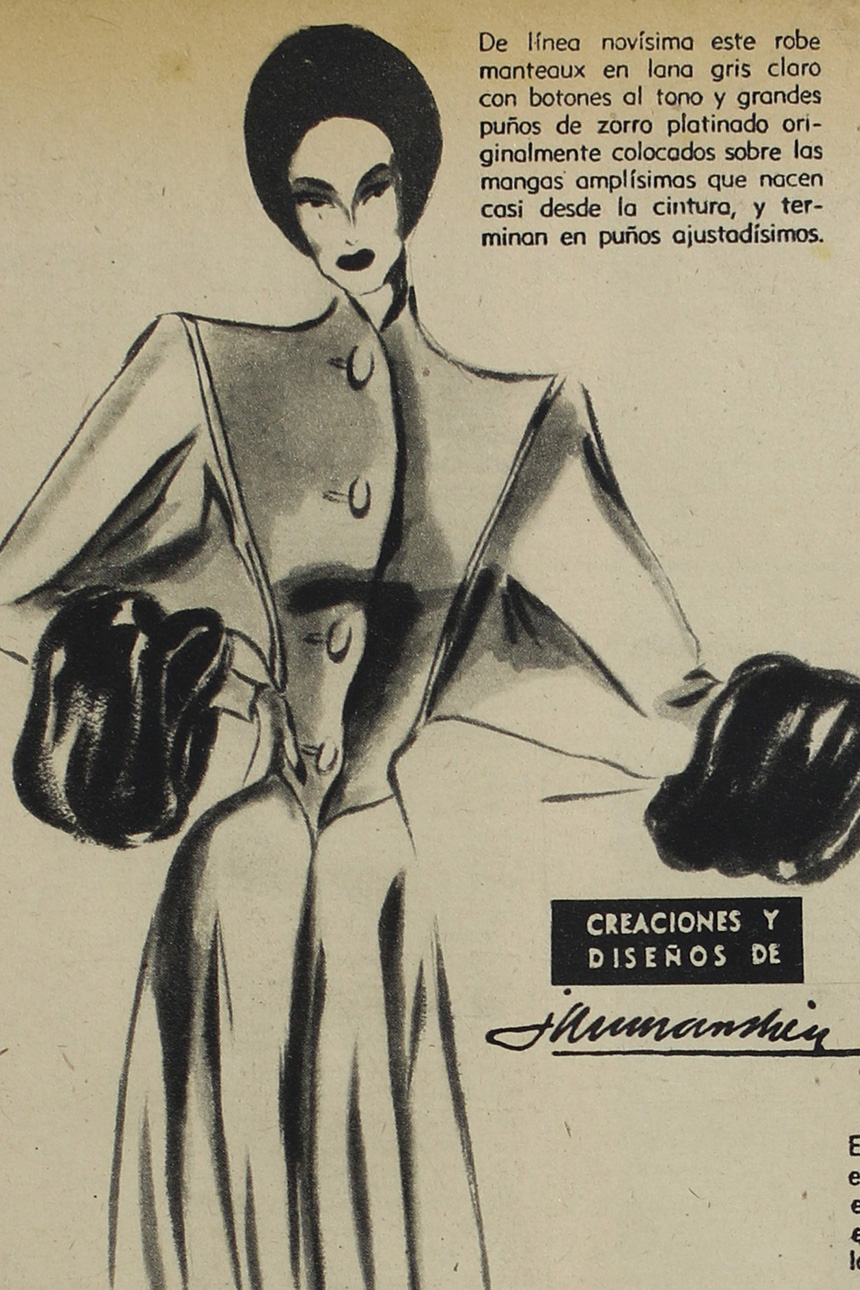 Página de la revista Mundo Argentino, En donde puede verse a una mujer vistiendo un tapado con puños de piel colocados sobre amplísimas mangas que nacen desde la cintura.