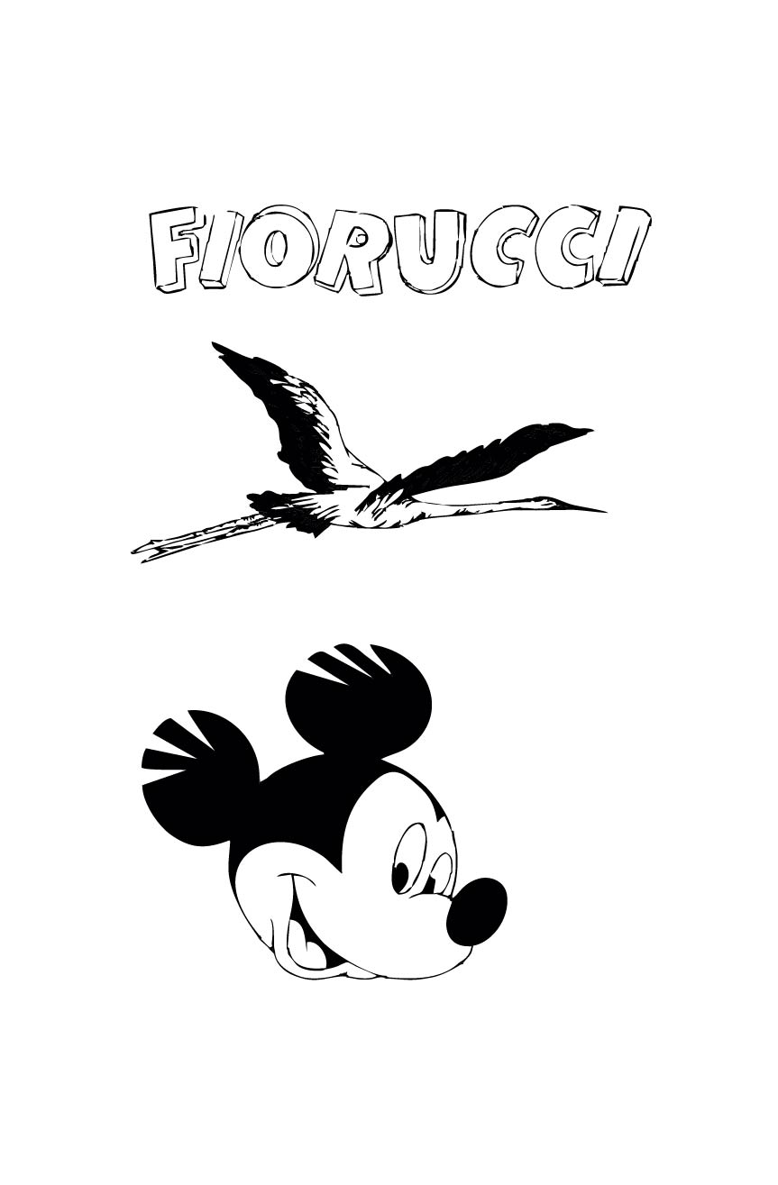 Patrón con dibujo de Mickey Mouse, un ave volando y leyenda "Fiorucci"